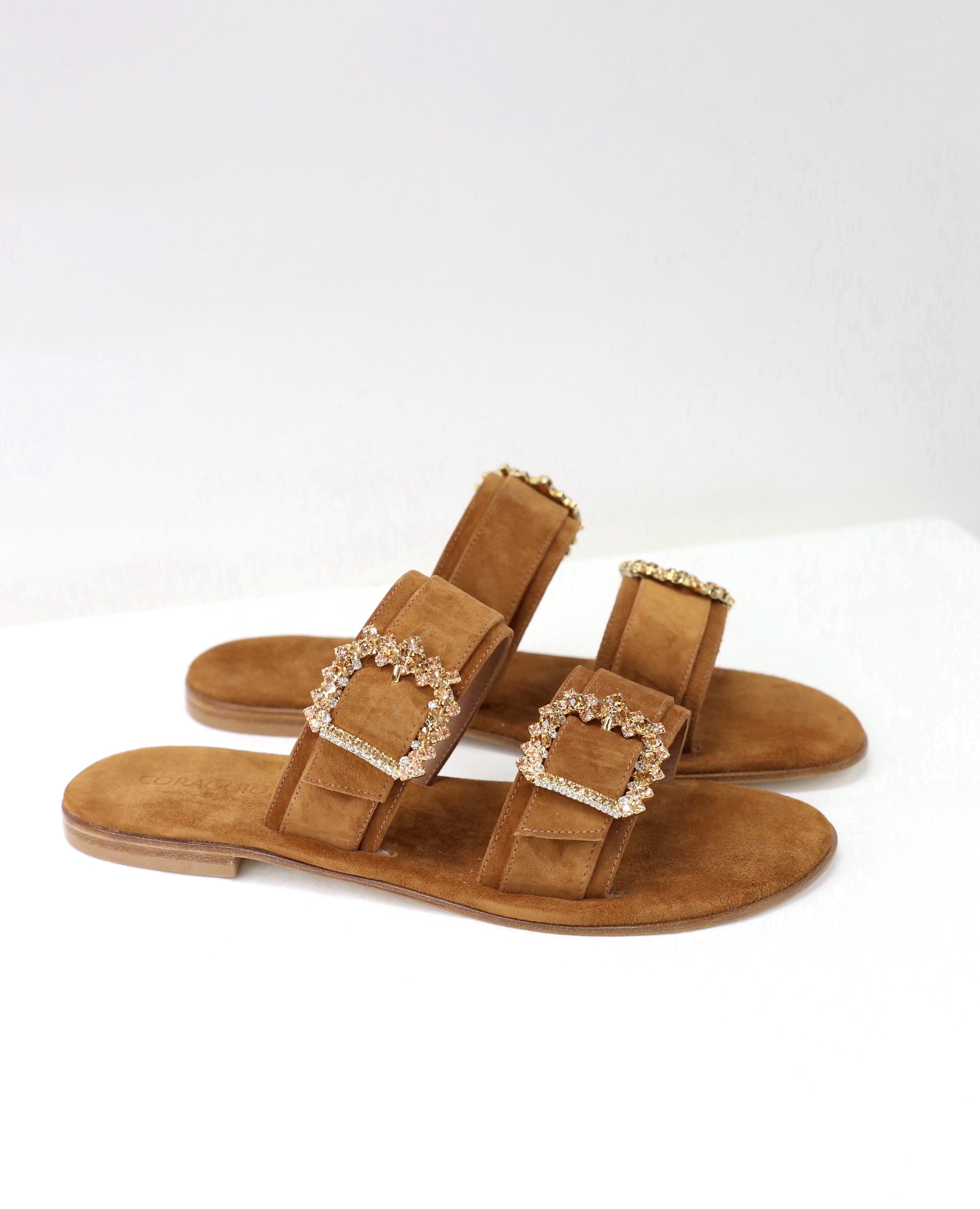 Ciabattina doppia fascia camoscio marrone